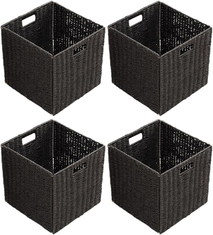 Handwoven Paper Woven Cube Basket Organizer with Handles set of 4 Foldable Storage baskets for Bedroom Living Room Cubby Storage Units for Clothes Books Toys (Black, 13" L x 13" W x 13" H)