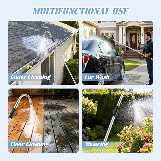 2-IN-1 20FT Reach Gutter Cleaning Tools, 12FT Telescoping Gutter Cleaning Tool with Bendable Wand & Curved Wand, 360° Rotating Nozzle, Adjustable Spray Patterns, Hose Attachment for Garden, Car Wash