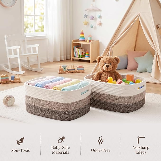 5 Pack Storage Baskets for Shelves, 17"x13"x7.5" & 7"x7"x3.5" | Cotton Rope Woven Baskets for Organizing, 2 Sizes Organizer Bins, Baskets for Shelves, Nursery, Toys, Closets, Laundry & Home