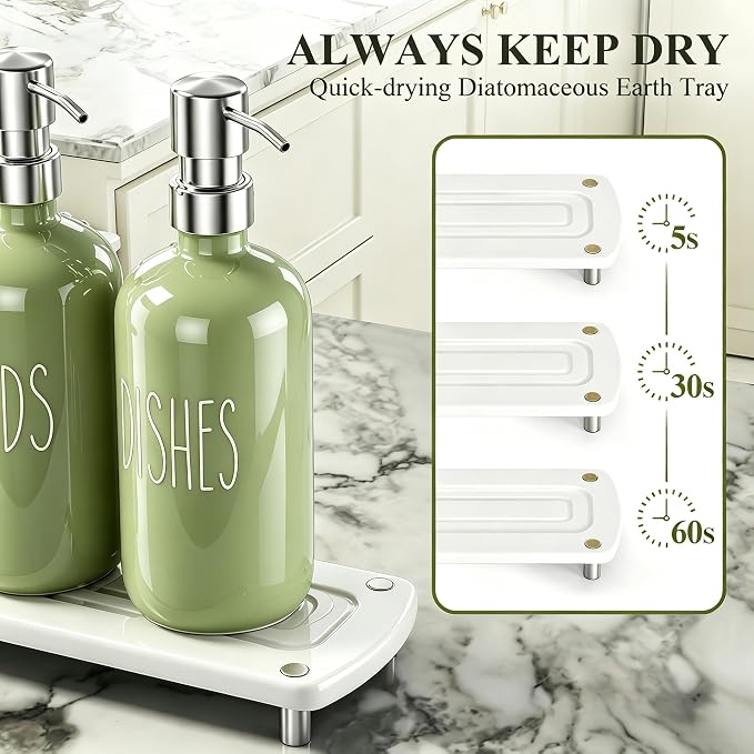 Cisily Olive Green Kitchen Soap Dispenser Set with Ceramics Sponge Holder | Stainless Steel Silver Pumps, and Instant Dry Tray, Hand and Dish Soap Dispenser Set, Kitchen Sink Olive Green Decor