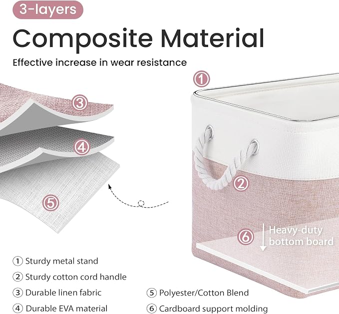 15x11x10 In Foldable Fabric Large Storage Bins with Handle 3 Pack | Organizer Baskets, Sturdy Metal Strand, Cardboard Support Molding, Storage Baskets for Shelves, Closet, Bedroom, White/Pink