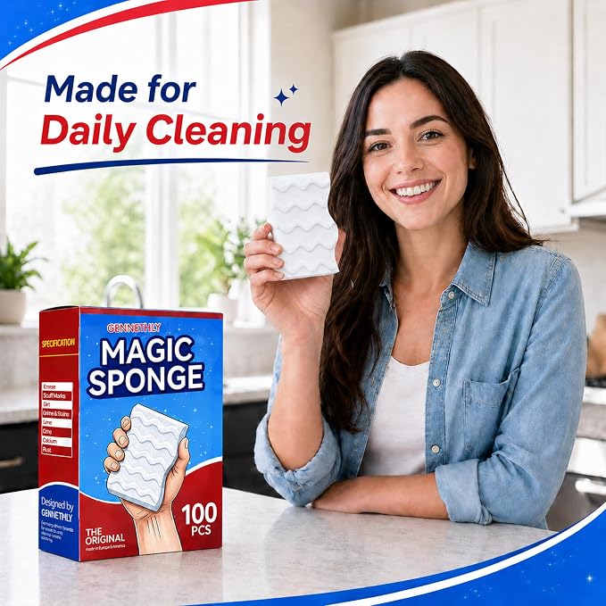 3X Density Magic Sponge Eraser, 100 Pack Cleaning Sponge for Kitchen & Bath | 3X density foam, Extra durable sponge, Ergonomic wavy grip, Deep cleaning power, Multi-surface cleaning, 100 pack value