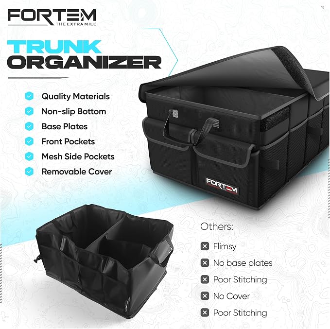 FORTEM Trunk Organizer - Foldable Car Organizer & Storage for SUVs & Trucks | Car Accessories for Men Women, Collapsible Bag, Non Slip Bottom, Straps, Soft Cover, 600D Oxford, Black, 2 Compartments, 45L