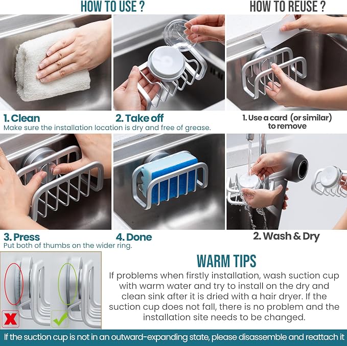TAILI Rustproof Sponge Holder for Kitchen Sink with Suction Cup-Silver | Rustproof Aluminum Sink Caddy for Sponges, Brushes, Stoppers & Scrapers,Removable Ventilated Quick-dry Design, Holds Up 11lbs