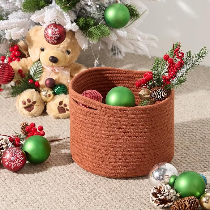 MiniArk Small Basket for Organizing | Cube Shelf Closet Storage Baskets | 9.7×9.7×7.1” | Woven Rope Gift Basket | Nursery | Round 3 Packs Oxide Red