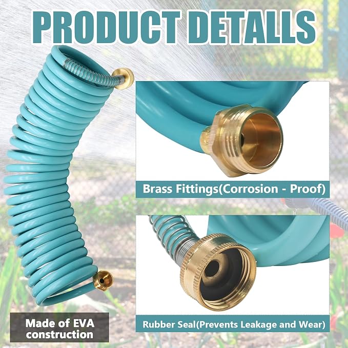 50ft Garden Hose, EVA Curly Water Retractable | Brass Connectors, 8-Pattern Function Sprayer, Corrosion Resistant Coil, For Gardening Homeowners