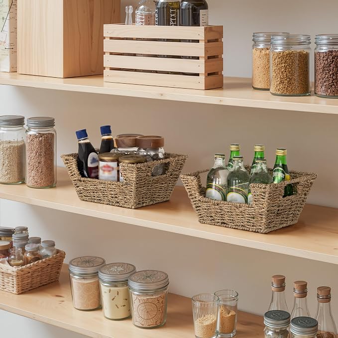 StorageWorks Wicker Storage Baskets for Shelves, Pantry Baskets, Seagrass | Pantry Baskets for Patato and Onion Storage, Stackable Wicker Basket Organizer for Shelf, Woven Basket for Storage, 2-Pack