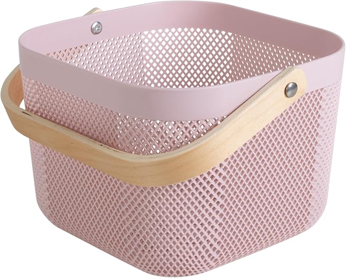 Simplify Small Mesh Storage Basket with Wooden Handle | Blush Color | Plastic Organizer Bin | Pantry Organization | Cabinet Storage
