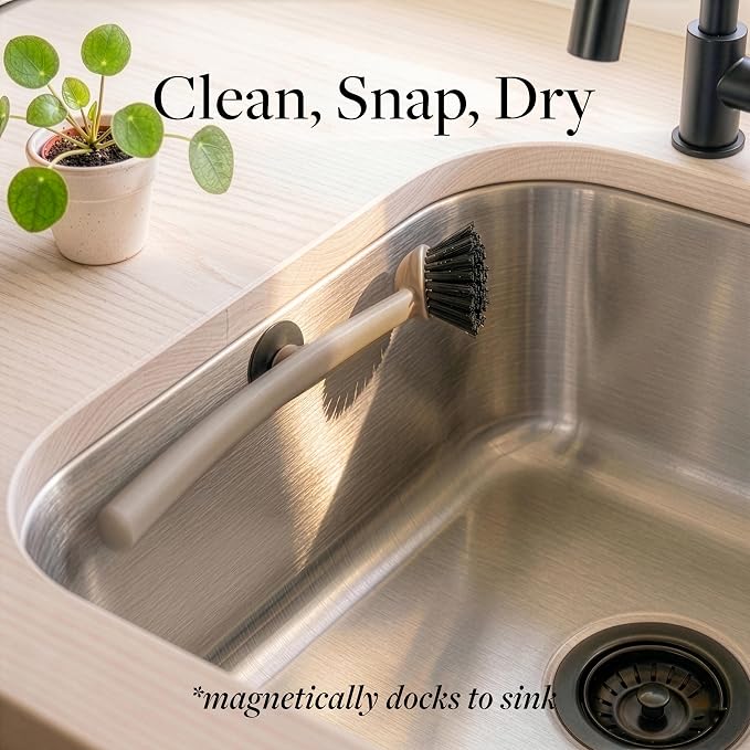 Earth & Mango Magnetic Dish Brush & Scraper, Snaps to Sink, Cacao Brown