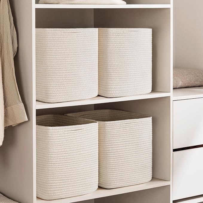 joybest 11inch Cube Storage Bins, Cotton Rope Woven Organizer Basket | Set of 4 Cube Bin Square Shelves Organizer Closet Storage, Nursery, Toy Organization, Beige