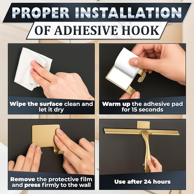 Stainless Steel Shower Squeegee, Glass, Silicone, 12 Inch (Gold) | Shower Door Squeegee with Silicone Blade, Adhesive & Hanging Hooks for Mirror, Tile, Window, Car, Multi-Surface Everyday Use