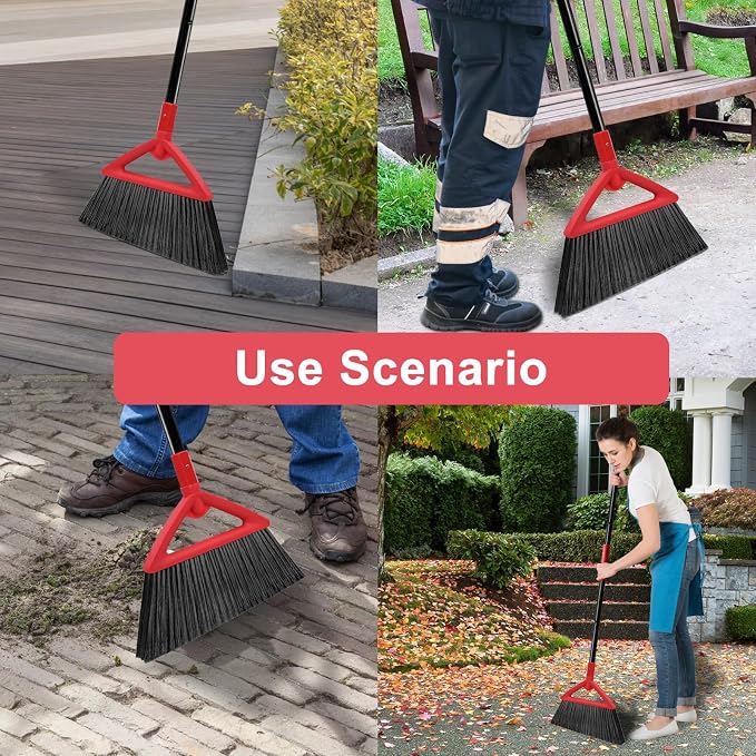 Heavy Duty Red Angle Broom with Long Handle - 4 Pack | Versatile Indoor/Outdoor Sweeping, for Courtyard/Garage/Sidewalk/Kitchen/Lobby/Canteen, Durable & Efficient