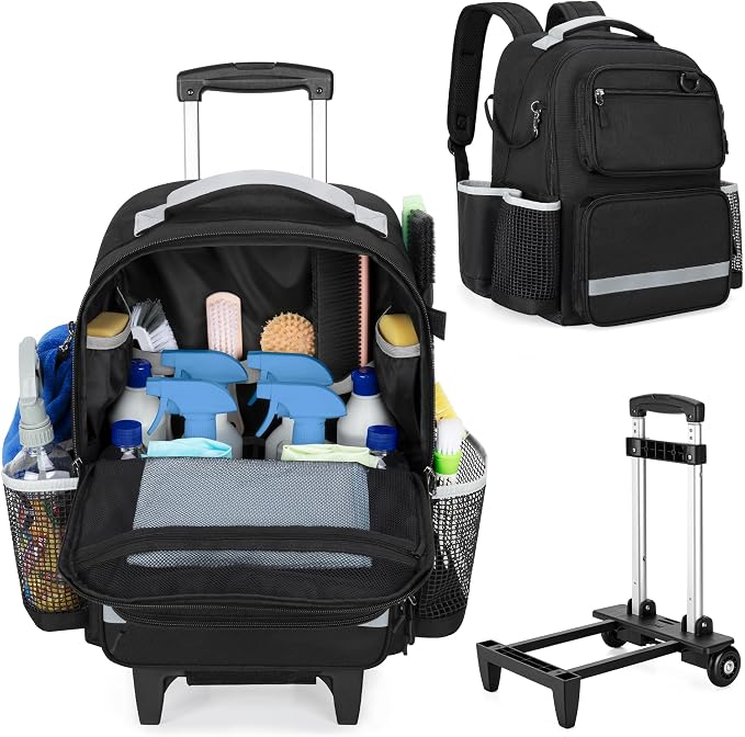 HODRANT Rolling Clean Backpack with Detachable Trolley & Waterproof Bottom | Large Cleaning Supplies Bag with Handle & Support Plate, Cleaner Caddy Organizer for Car Wash & Housekeeping Tool Storage