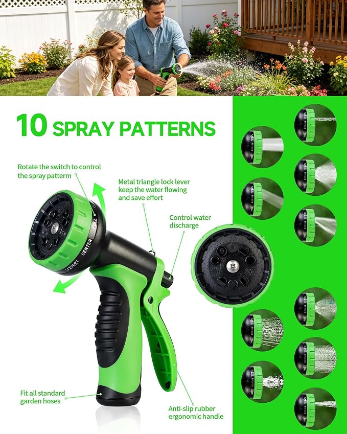 50ft Garden Hose with 10 Spray Patterns, Non-Expandable, Tangle-Free PVC