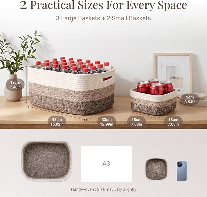 5 Pack Storage Baskets for Shelves, 17"x13"x7.5" & 7"x7"x3.5" | Cotton Rope Woven Baskets for Organizing, 2 Sizes Organizer Bins, Baskets for Shelves, Nursery, Toys, Closets, Laundry & Home