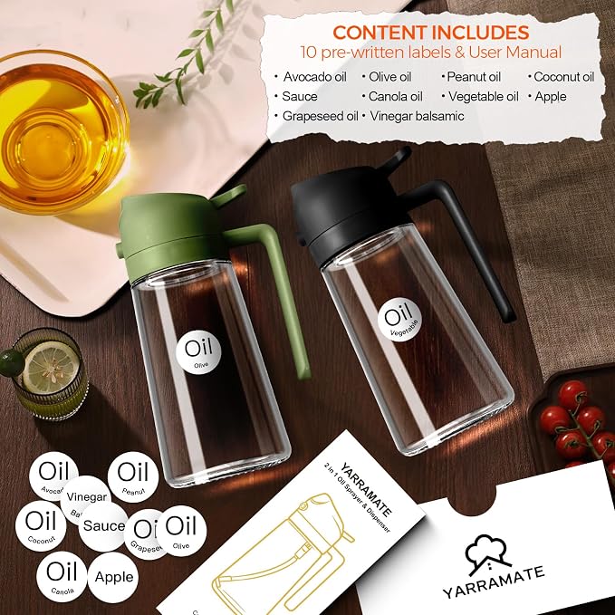 YARRAMATE 16 oz 2-in-1 Glass Olive Oil Sprayer for Cooking, BlackOliveGreen | Food-grade dispenser bottle, 470 ml, spray and pour, portion control, stickers included, for salad, frying and BBQ