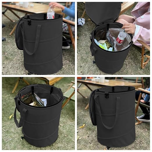 Pop up Camping Trash can with lid,Collapsible Garden can(2Pcs-Black) | 24 Gallon Outdoor Garbage Bag with Sorting Clips, Lawn and Leaf Bags - Reusable Yard Waste Bags, RV Camp Waste Bin