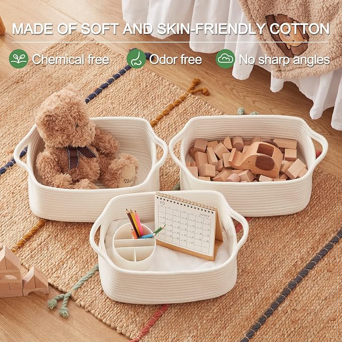 OIAHOMY 3 Pack Storage Baskets for Shelves Cotton Rope Storage Bins White | Woven Baskets for Storage Nursery Storage Basket with Handles Baskets for Organizing Small Baskets Gift Baskets Empty