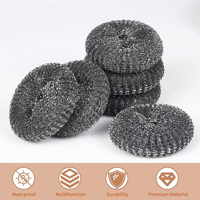 6PCS Steel Wool Scrubber Sponge Set, Barbecue Grill Cleaning Scrubber Pads | Stainless Steel Scrubber Replacement for Scouring Messes from Cast Iron, Pots, Pans, Grill, Stoves, Sink (6 Pads)