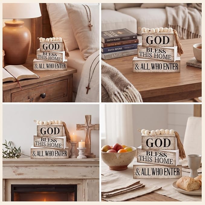 Moucuny 4 Pcs Christian Table Decor Rustic God Bless This Home Stacked Sign | Christian Living Room Mantle Decor, Stackable Signs with Bead Tassel, God Bless Theme, Rustic Centerpiece Gift for Home