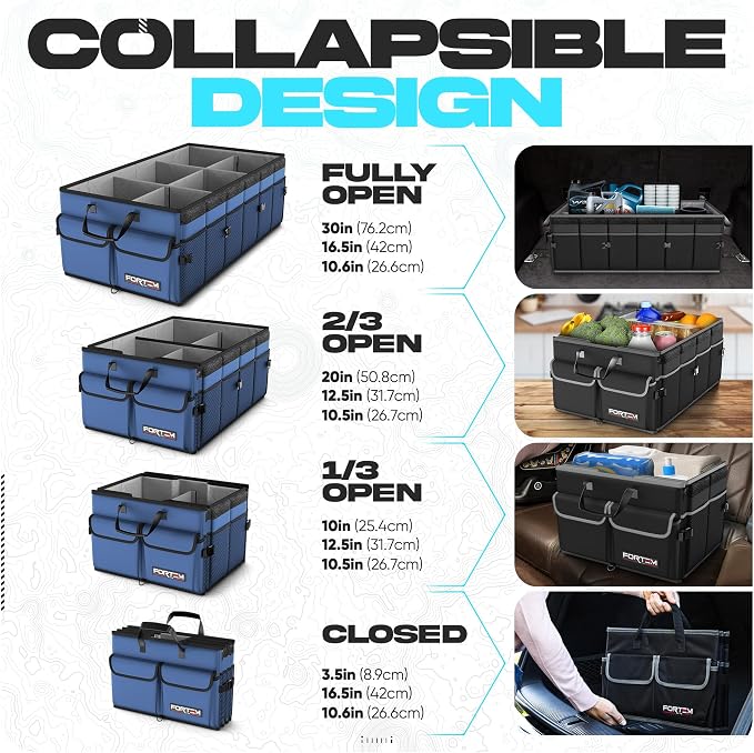 FORTEM Trunk Organizer - Foldable Car Organizer with Cooler for SUV, Trucks | Car Accessories for Men Women, Collapsible Bag, Non Slip Bottom, Straps, Soft Cover, 600D Oxford, Blue, 6 Compartments, 105L
