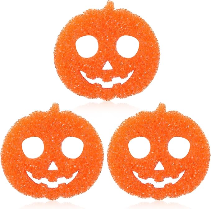 FillTouch Halloween Pumpkin 3 Pcs Scrub Sponge, Orange | 3 Pack Dual Sided for Dishes Kitchen, Non Scratch Temperature Color Changing, Soft Scrubbing Safe for Pots Pans Glassware