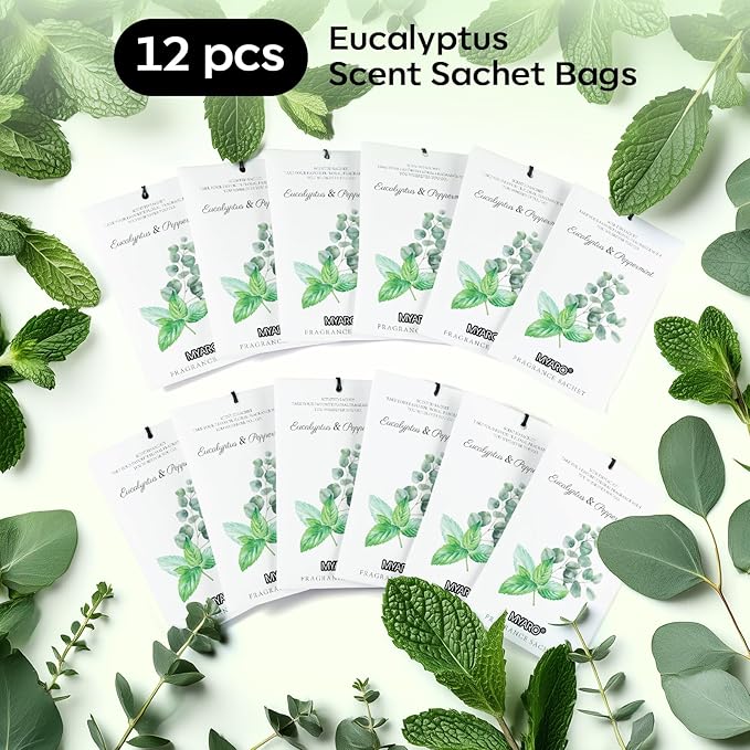 MYARO 12 Pack Eucalyptus Mint Scented Sachets, Closet Deodorizer Freshener | Long-Lasting Sachet Bag, Odor Eliminator for Closet, Drawer, Bathroom, Clothes, Fabric Refresher, Home Fragrance Gift Set