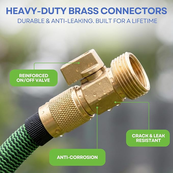 J&B XpandaHose 50ft Expandable Garden Hose, Lightweight, Brass Connectors | Ultra Strong 3750D fabric, 4-layer latex core, expands 3X, kink & leak-resistant, 10-pattern nozzle, storage bag