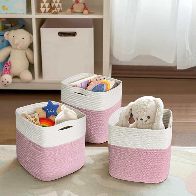 11x11 Cube Storage Bin - 3 Pack Woven Storage Cubes Organizer, 11 Inch Cotton Rope Baskets for Organizing, Decorative Square Shelf Baskets Closet Bins, Toy Boxes for Girls, Pink Room Decor