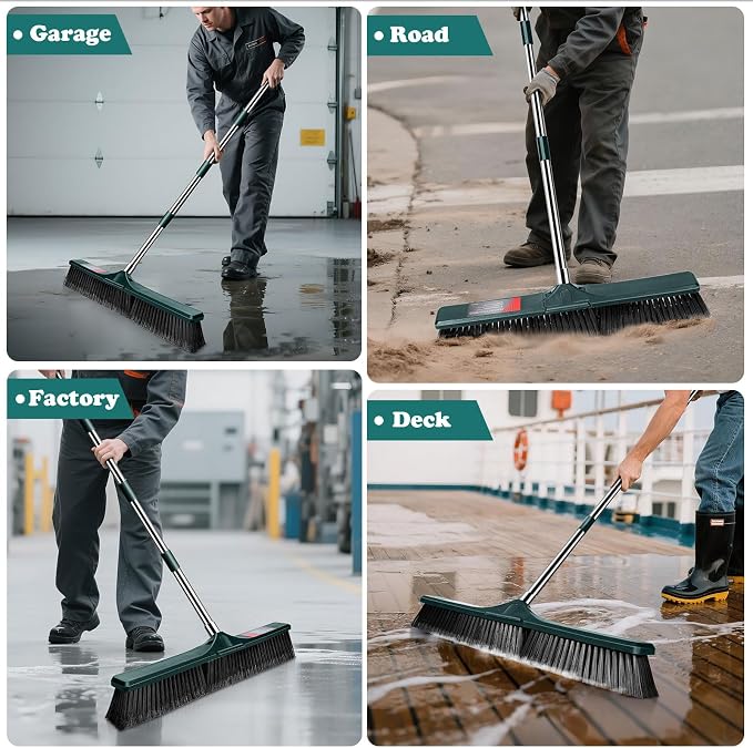 24" Push Broom Outdoor, Heavy Duty Garden Brush Broom with 58" Long Handle | Commercial Outdoor Broom for Deck Driveway Garage Yard Patio Warehouse Concrete Floor Cleaning