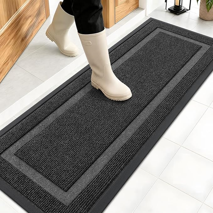 OLANLY Front Door Mat Outside 47x17, All-Season Heavy-Duty Rubber Doormat | Black, Absorbent, Stain and Fade Resistant, Waterproof Non-Slip Backing, Low-Profile Indoor Outdoor Floor Mat for Entryway