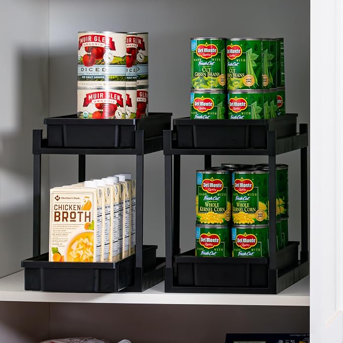 IRIS USA Under Sink Organizer, 4 Pack, Pull Out Storage Drawers | Tool-Free Assembly, 2-Tier Cabinet Storage, Space Saving, Vertical Spice Rack
