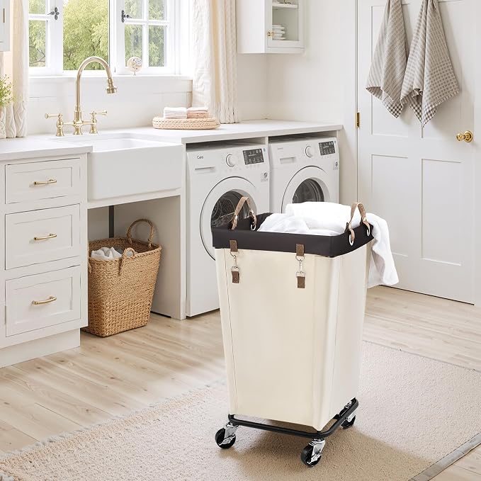 StorageWorks 110L Laundry Basket with Wheels, Rolling Hampers for Clothing | Beige Laundry Basket with Wheels, Metal Frame & Handles, Rolling Hamper for Bedroom, Bathroom, Dorm, Hotel