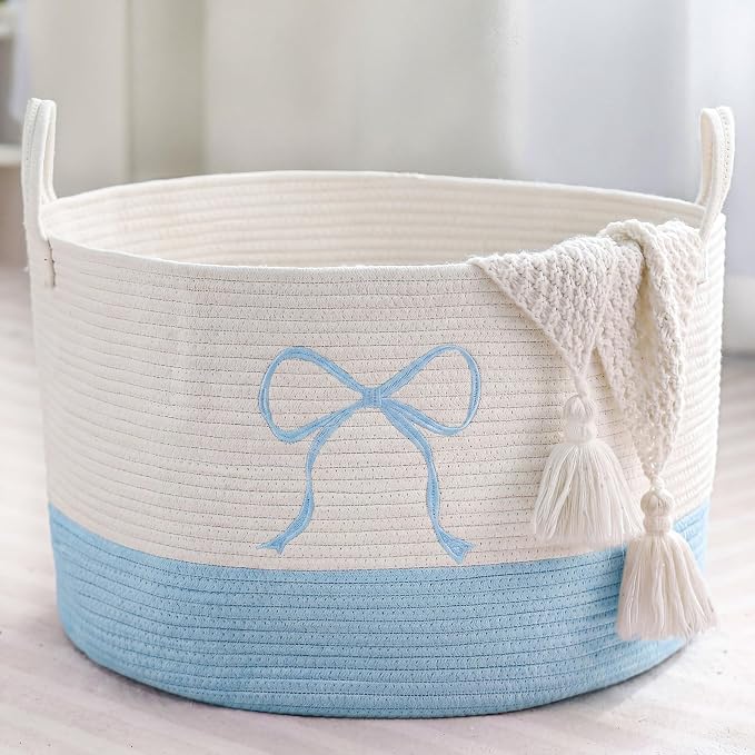 Honeydak Large Blue Laundry Basket Bow Hamper for Blanket Bow Laundry Basket 13 x 20 Inches Cotton Rope Hamper Blue Coquette Storage Toys Clothes Teens Girls Room Nursery Organization