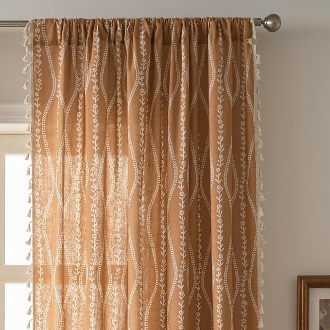 Sutuo Home Boho Curtains 63 Inches Length for Kitchen Bedroom, Printed Cotton Linen Rod Pocket Rustic Farmhouse Bohemian Tassels Window Treatment, 1 Panel 59" W x 63" L, Terracotta Stripe Florals