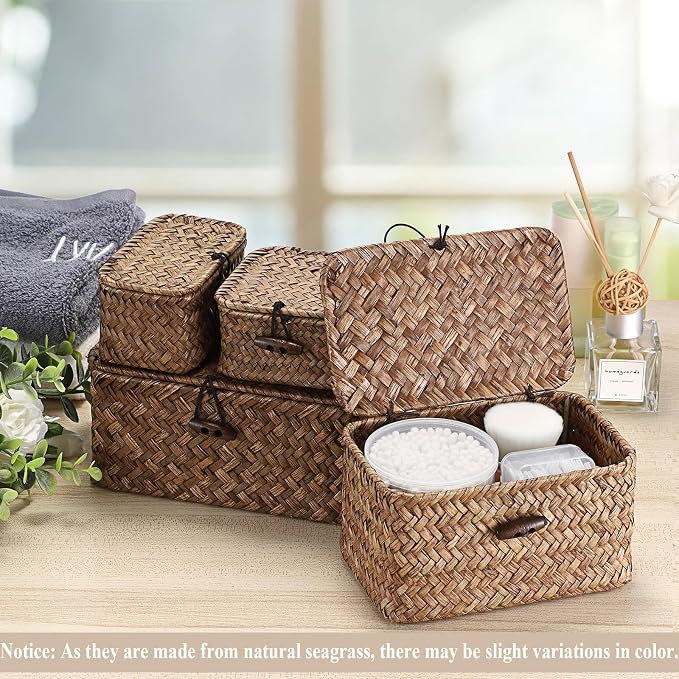 Hipiwe Mini Seagrass Basket Box with Lid Wicker Storage Bins, 4.3x 2.5x2.1" | Small Handwoven Baskets Organizer, Multipurpose Desktop Baskets for Home Decor