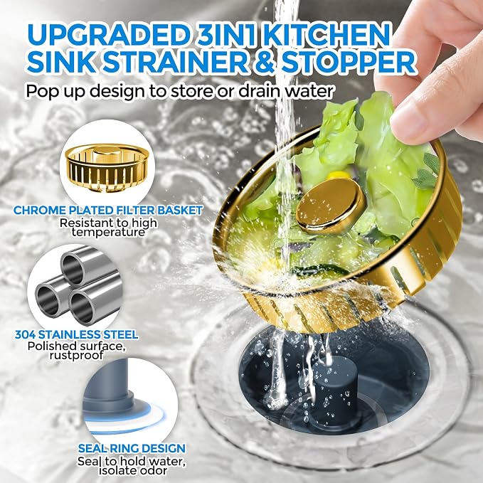 zaa 3 in 1 Kitchen Sink Drain Strainer Stopper Removable Basket Pop-Up | Kitchen Sink Accessories 1 Pack Gold Stainless - Food Catcher, Odor-Blocking Seal, Fits 3.5" Drain
