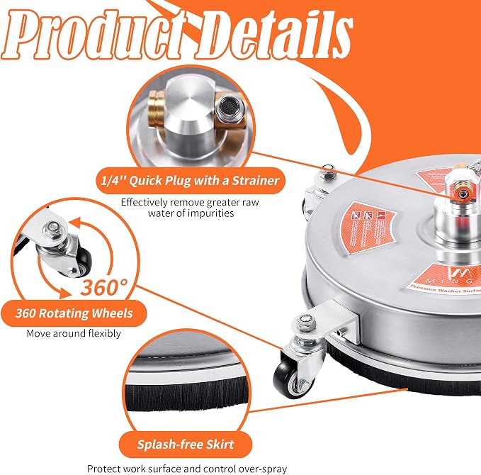 M MINGLE 14'' Pressure Washer Surface Cleaner Attachment, 4000 PSI | Driveway Power Washer Accessory with 2 Extension Wands, 1/4" Quick Connect, Ideal for Cleaning Driveways and Sidewalks