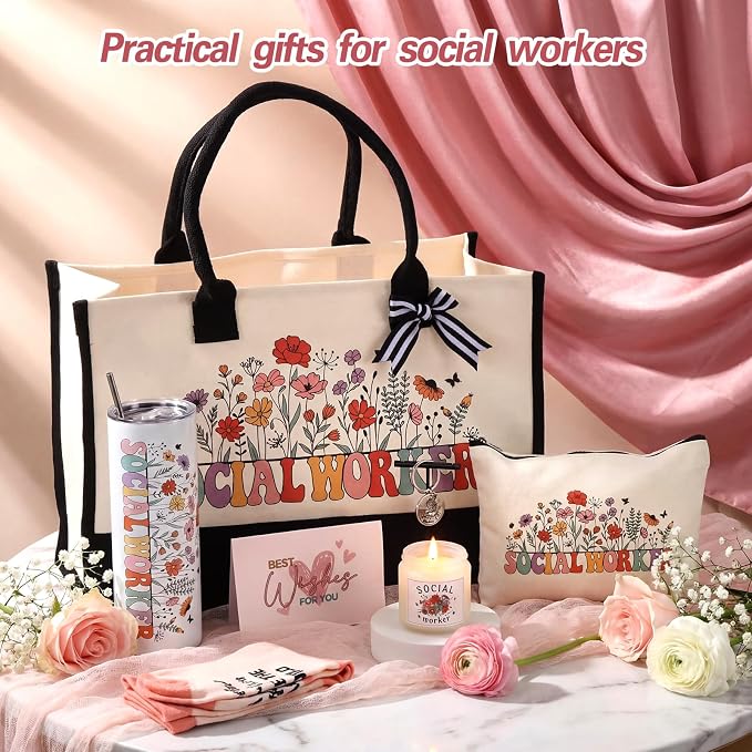 Patelai 7 Pcs Social Worker Appreciation Gift, Worker Must Haves Gifts | with 20 oz Tumbler Tote Bag Candle Socks Makeup Bag Keychain Card for lcsw Bsw Msw Dsw Lcsw Coworker Volunteer Office Supplie