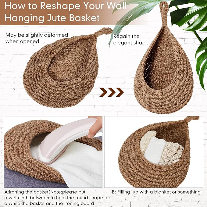 3 Hanging Baskets,Linen,Teardrop,Jute | Wicker Wall Baskets with Hooks for Fruit Vegetable Onion Storage, Teardrop Organizer for Kitchen, Boho Farmhouse Decor