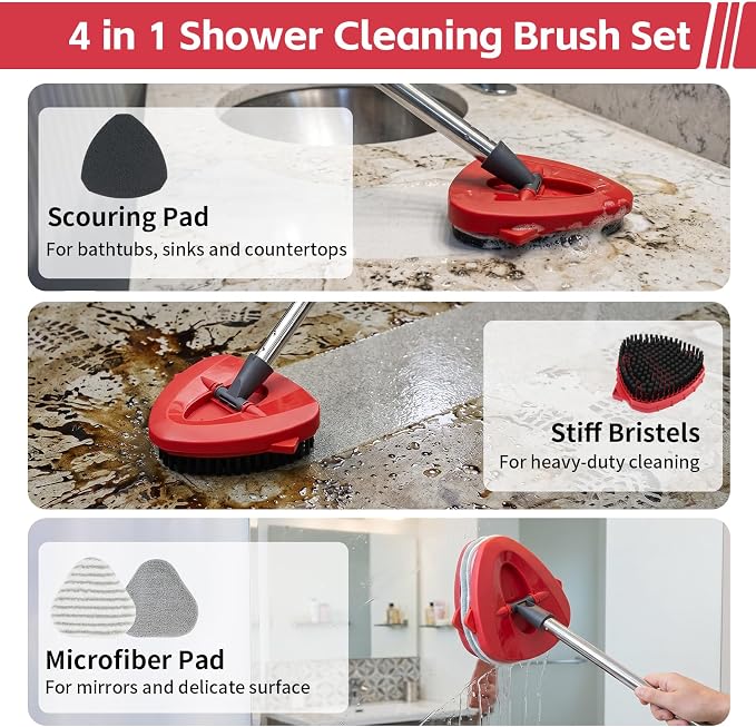 Spin Mop Replacement Head, Brush, Handle, Base for O Cedar 1 Tank System | 2 Microfiber Mops Refills, 2 Scrub Brush Replace Head, 2 Mop Pads, Mop Base, Mop Handle Complete Set for Home, Shower, Office