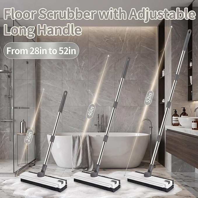3-in-1 Floor Scrub Brush with Long Handle, Floor Scrubber with Squeegee Tweezers, Adjustable Heavy-Duty Stiff Bristle Cleaning Brush for Tile, Bathroom, Shower, Garage, Patio, Deck(White Grey)