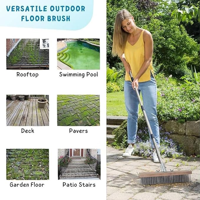 Deck Brush with Long Handle, Wire Deck Scrub Brush, High Efficiency Stainless Steel Deck Scrubber for Cleaning Concrete Patio Floor