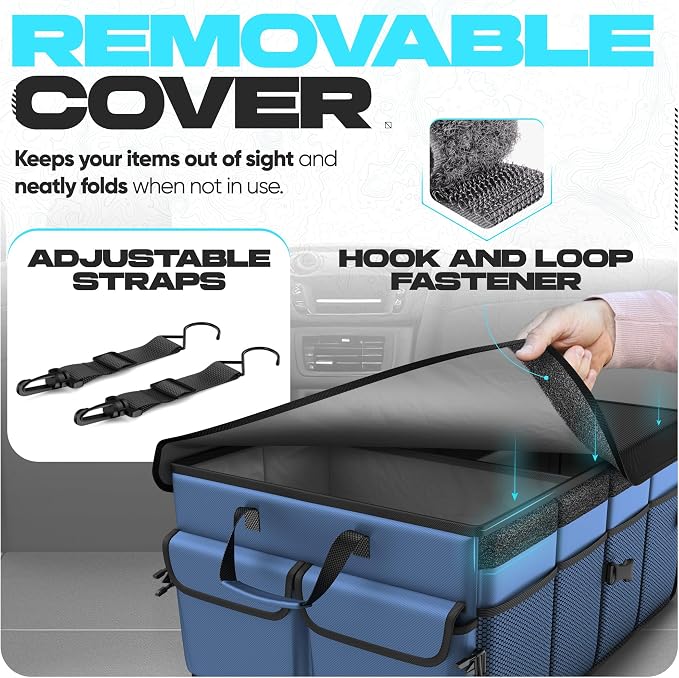 FORTEM Trunk Organizer - Foldable Car Organizer & Storage for SUVs & Trucks | Car Accessories for Men Women, Collapsible Bag, Non Slip Bottom, Straps, Soft Cover, 600D Oxford, Blue, 3 Compartments, 50L