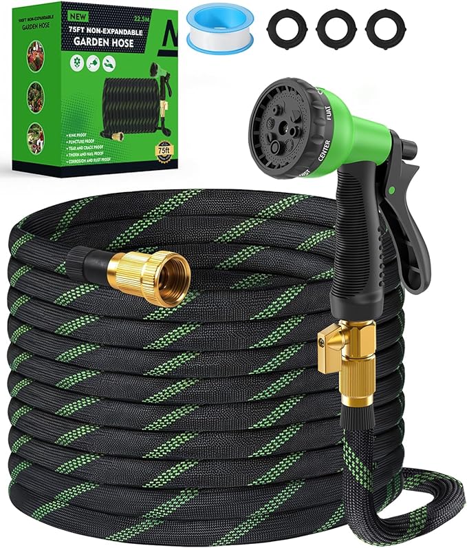 75ft Garden Hose，Non-Expandable Water Hose with 8 Function Spray Nozzle, Burst-Resistant，Kink-Free，Lightweight，Durable & Flexible 3/4" Garden Hose for Gardening, Yard，Lawn, Car Washing