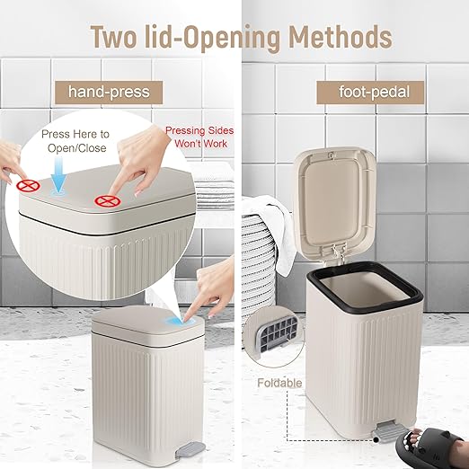 Small Bathroom Trash Can with Lid, 2.6 Gallon Slim Soft Close Step, Cream | Garbage Can with Pedal for Office, Bedroom, Kitchen & Living Room, Narrow Plastic Wastebasket Container for Small Spaces