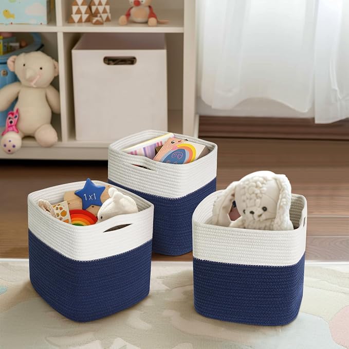 11x11 Cube Storage Bin - 3 Pack Woven Storage Cubes Organizer, 11 Inch Cotton Rope Baskets for Organizing, Decorative Square Shelf Baskets Closet Bins, Toy Boxes for Boy, Dark Blue Decor