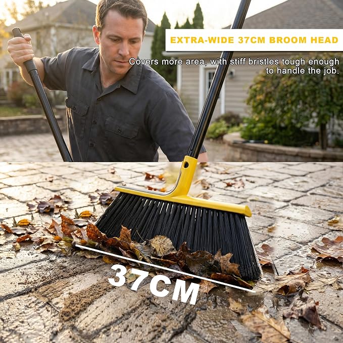 Large Angle Brooms Indoor Outdoor Broom with Long Handle Stiff Bristle Sweeper for Kitchen Garage Deck Courtyard Lobby Patio Lawn Leaves (Yellow)