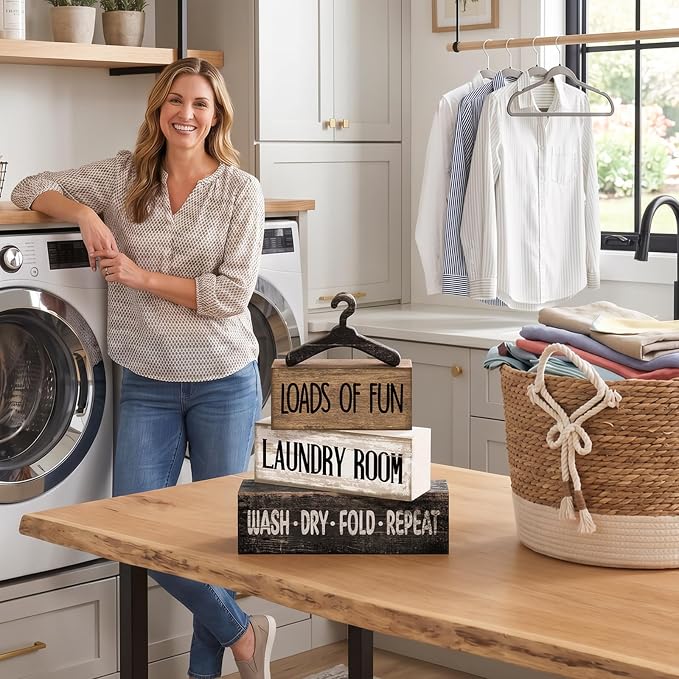 Moucuny 4 Pcs Laundry Room Decor Wooden Signs Rustic Farmhouse Block | Wash Dry Fold Repeat Text, Laundry Shelf Decor, Tiered Tray Centerpiece, Rustic Farmhouse Style with Hanger Accent