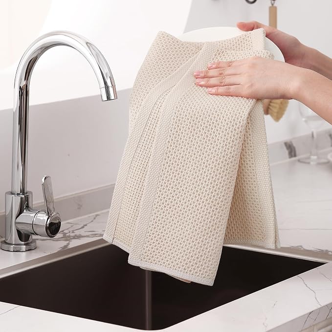 Homaxy 100% Cotton Oversized Waffle Weave Kitchen Towels 8-Pack, Beige | 20 x 28 Inches, Ultra Soft Absorbent Dish Towels, Quick Drying Large Cleaning Towels